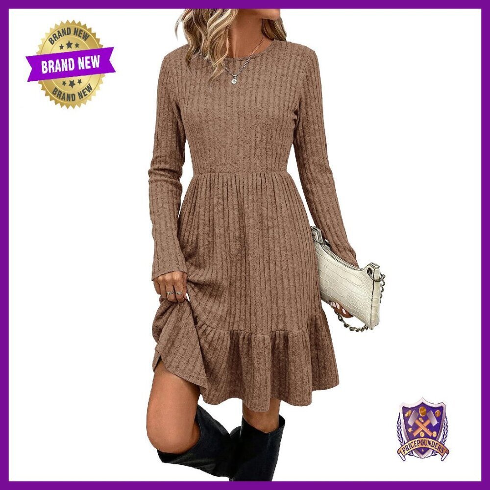 Long Sleeve Crewneck Sweater Dress with Pockets Flowy Midi